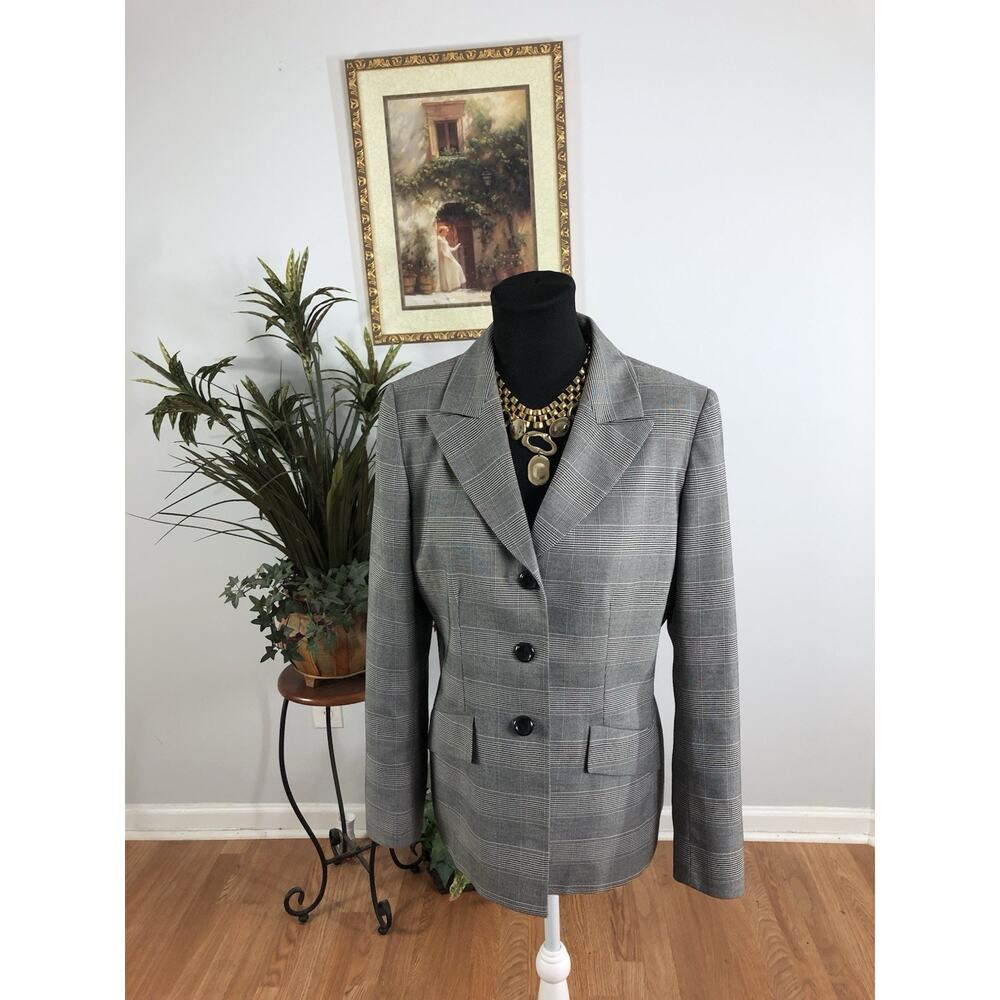 Le Suit Women Jacket 8 Gray Plaid Long Sleeve Lined Clueless Preppy Office Siren